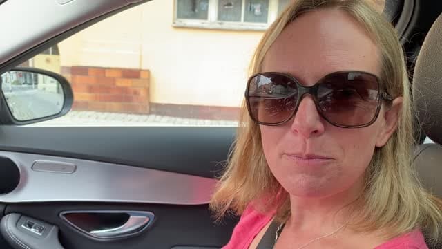 Lisa in the car arriving in Boleslawiec, Poland