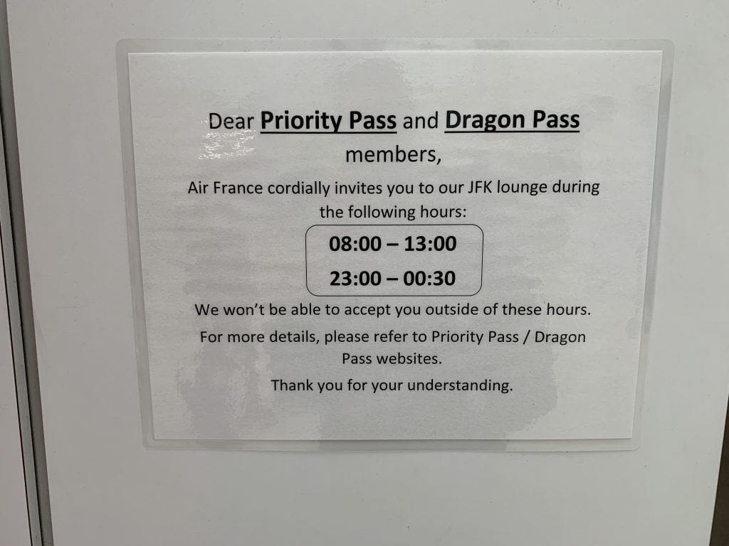 Priority Pass JFK Terminal 1 Air France Lounge Entry Times