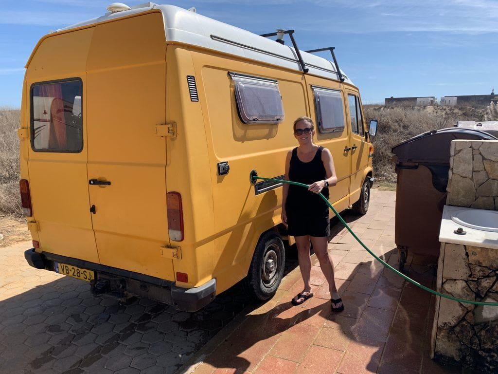 Filling the Campervan with water in Algarve Campground