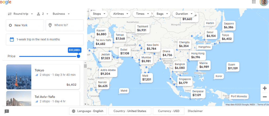 Asia google flight maps