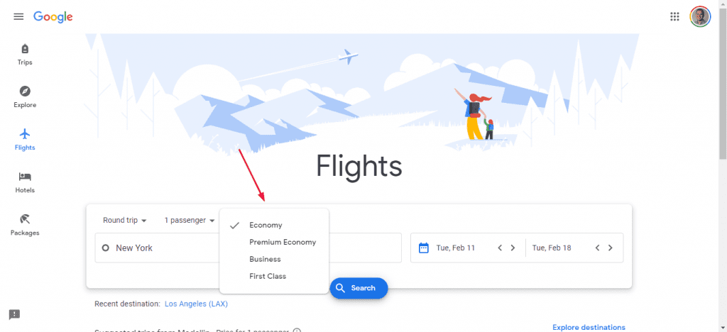 Google Flights Class of Service
