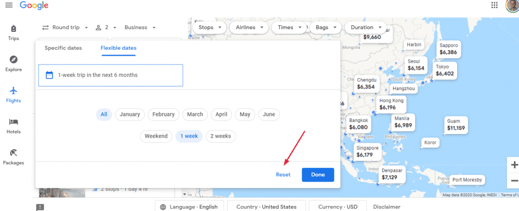 Google Flights map reset