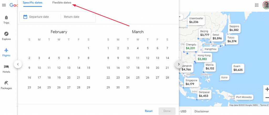 Google flights map reset flexible dates