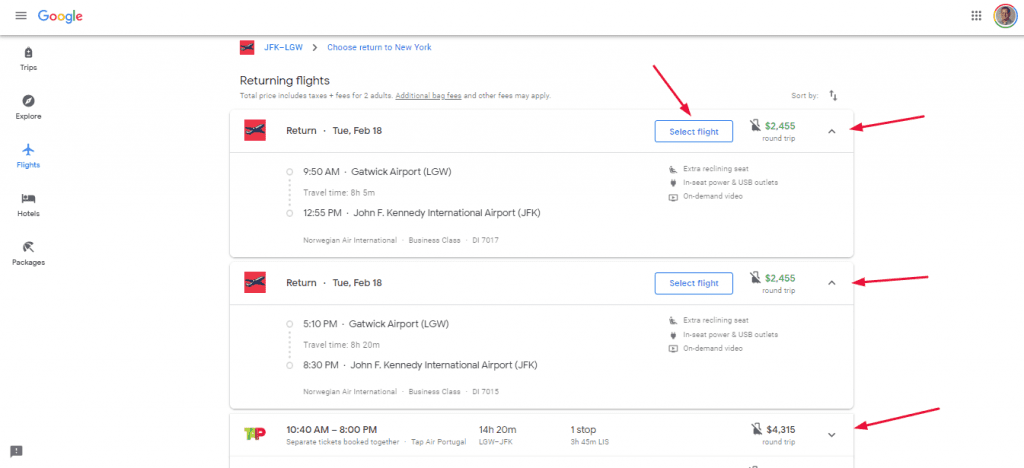 Return flight details basic search