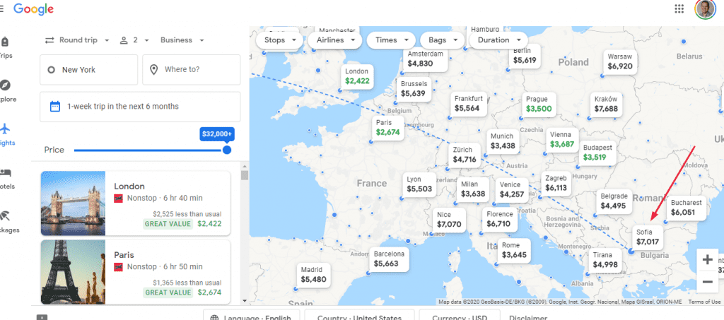 sofia highlighted google flights map