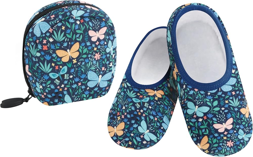 Pair of foldable Snoozies Skinnies travel slippers with pouch