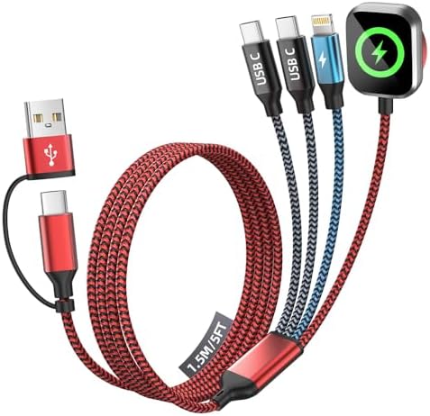 Red braided multi charging cable with USB-C, Lightning and Apple Watch connectors