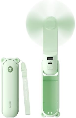 Pale green handheld JISULIFE fan shown folded and unfolded with a wrist strap