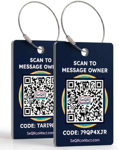 Two navy SeQR luggage tags printed with QR codes and steel cable loops