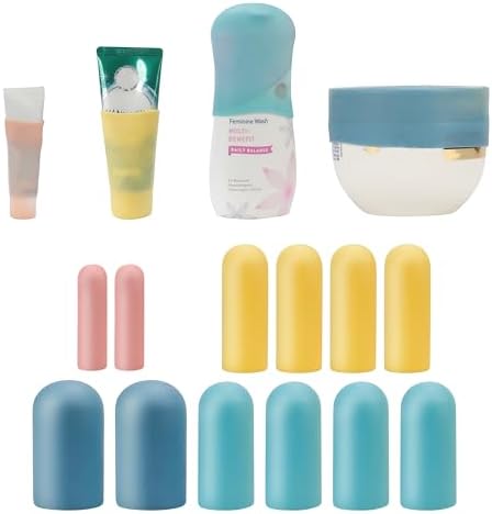 Set of pastel silicone covers fitted over travel size toiletry bottles and tubes